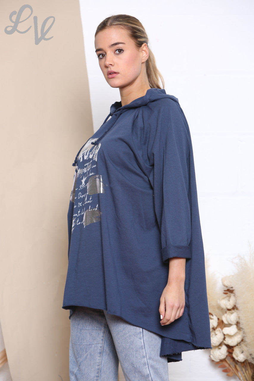 Ladies Foil Script Hooded Sweatshirt Top Navy