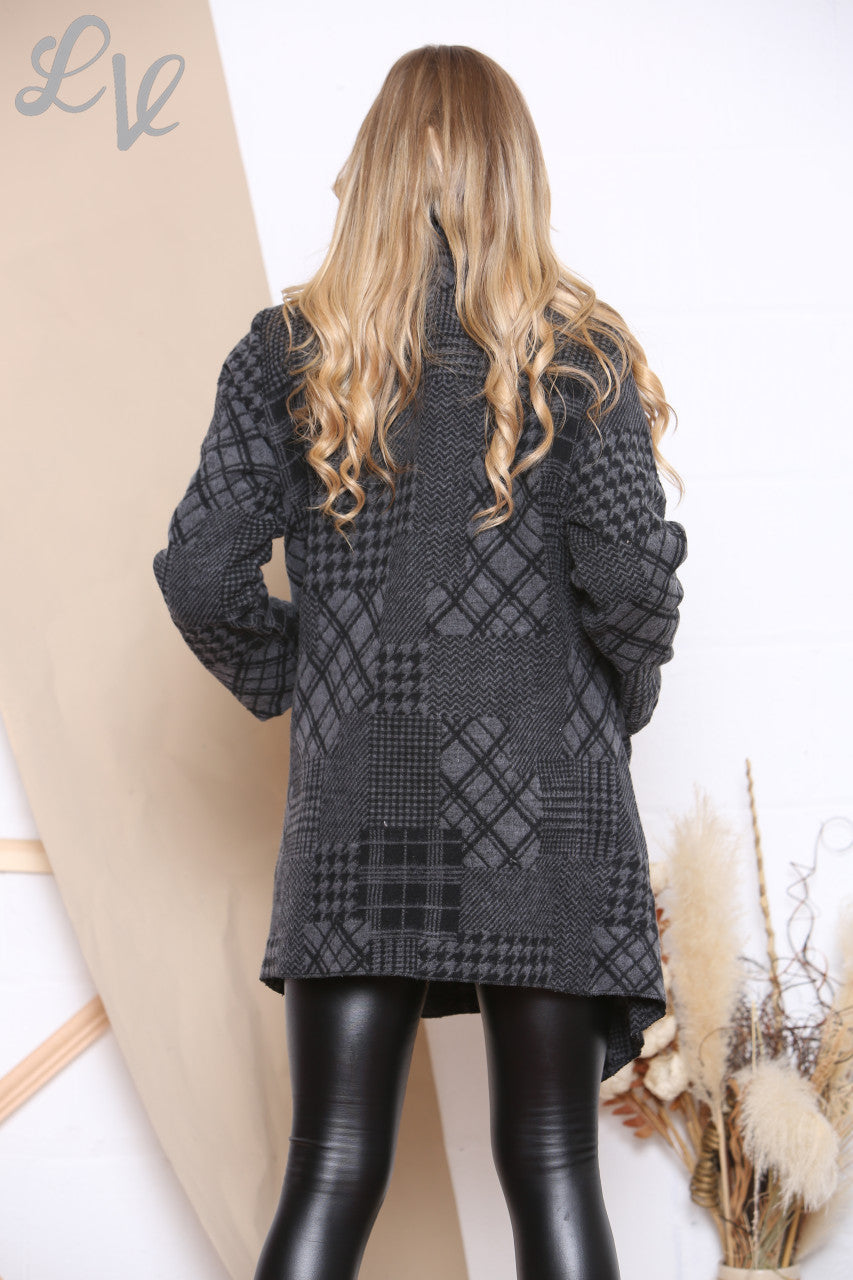 Ladies Patchwork Check Waterfall Coat Charcoal Unit Price WAS £21.99 NOW £9.99