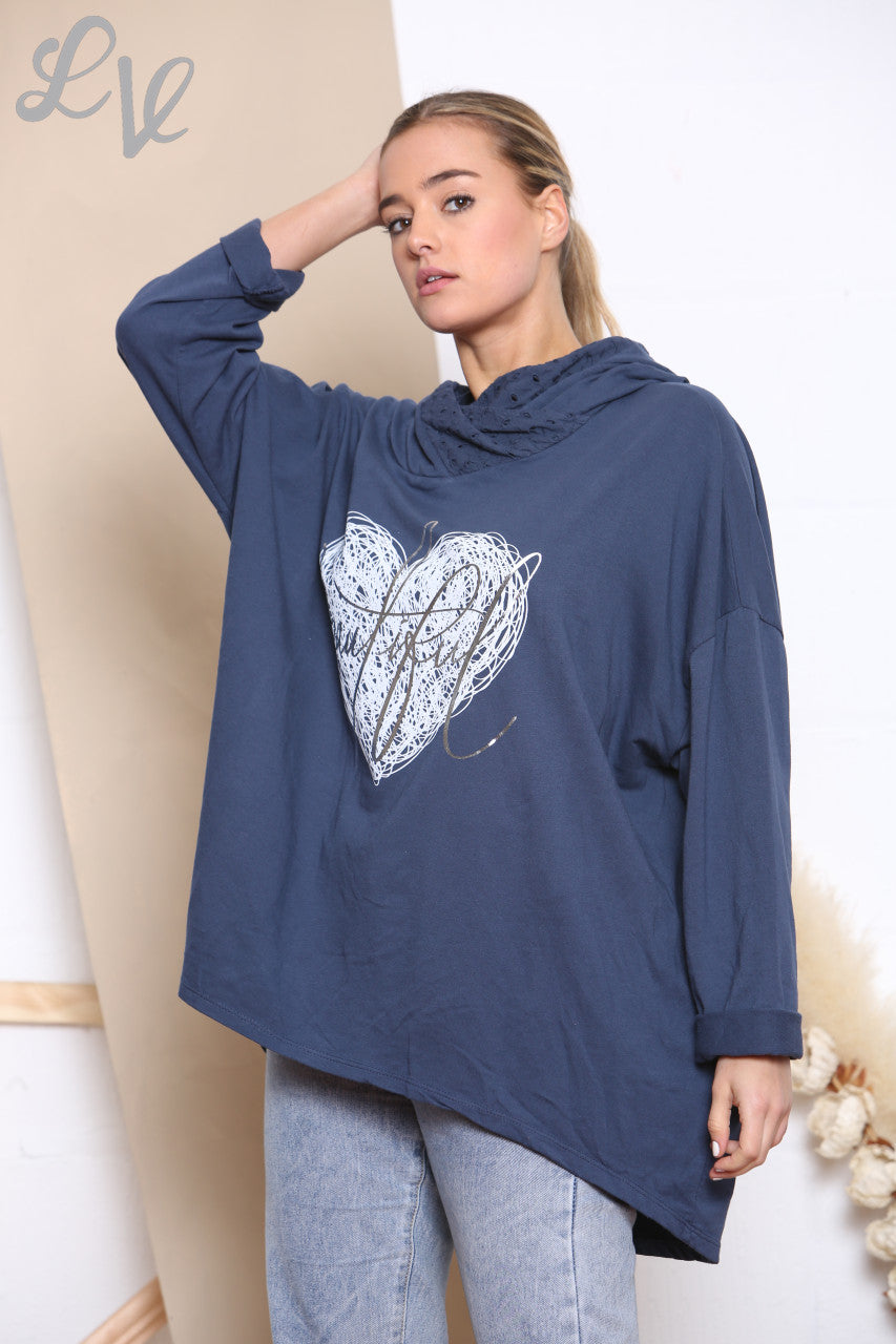 Dames Mooi Hart Hooded Sweatshirt Top Navy