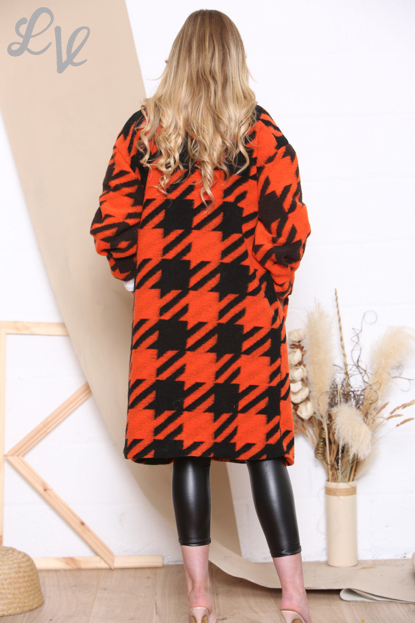 Ladies Dogtooth Print Boiled Wool Coat Orange Unit Price WAS £24.99 NOW £14.99
