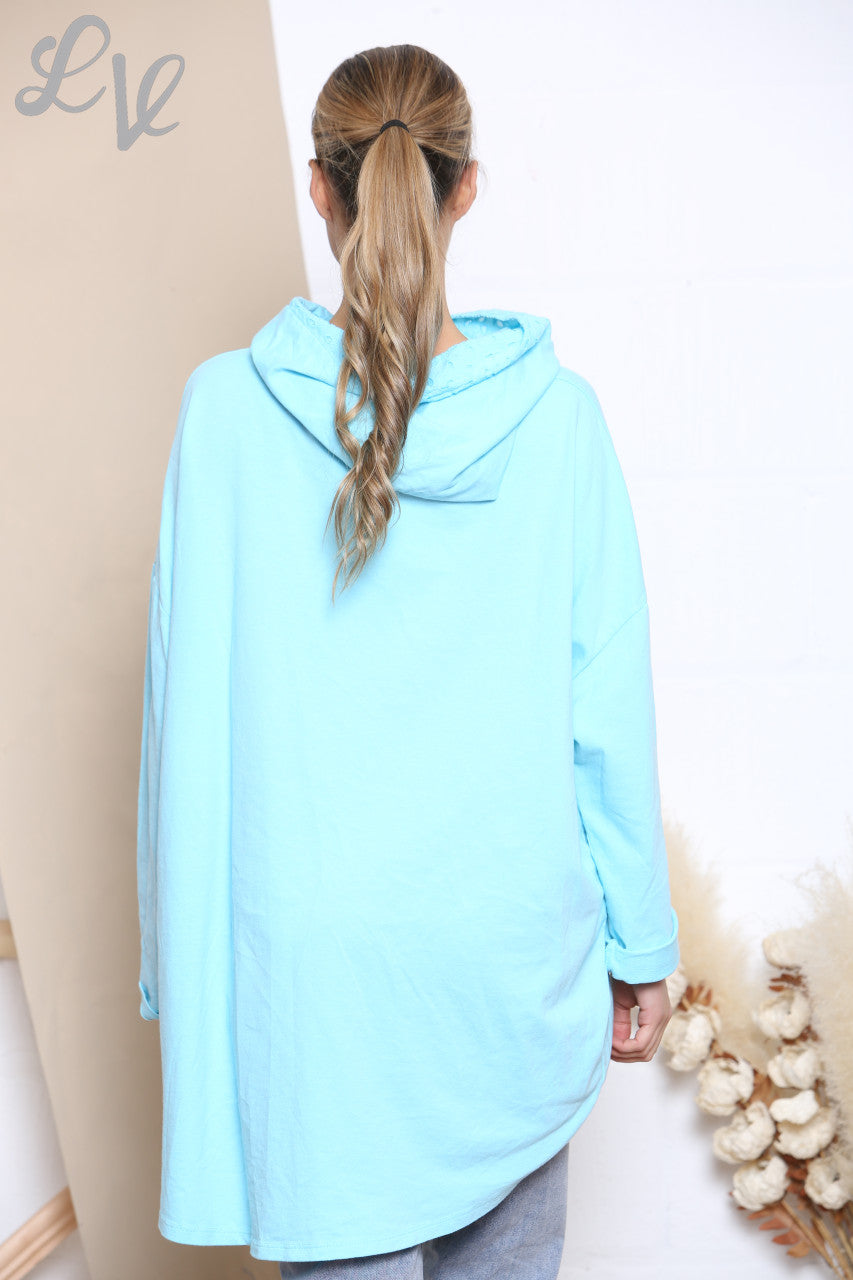 Ladies Beautiful Scribble Heart Hooded Sweatshirt Top Turquoise