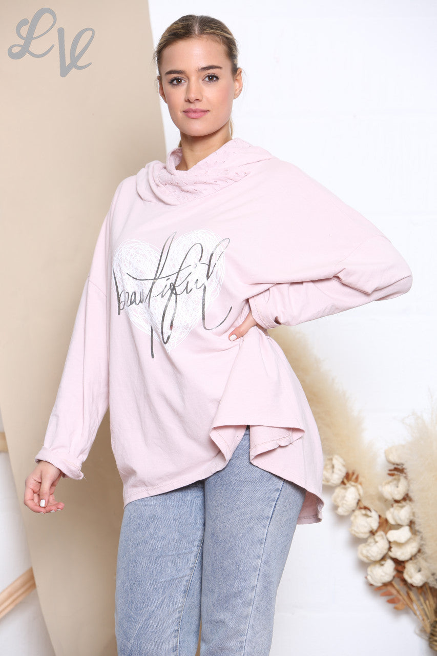 Ladies Beautiful Scribble Heart Hooded Sweatshirt Top Dusty Pink