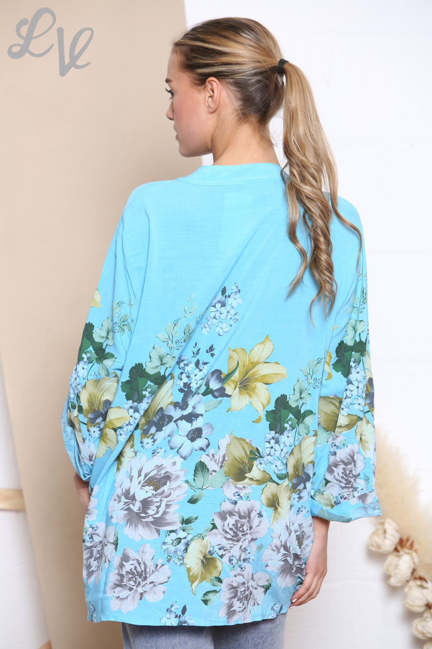 Dames Tulpen Bloemen Print Blouse Top Turkoois