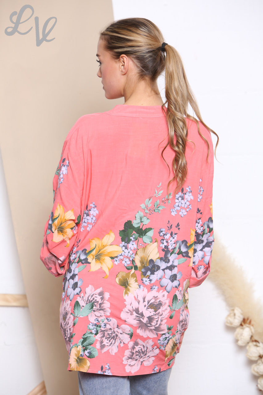Ladies Tulip Flowers Print Blouse Top Coral