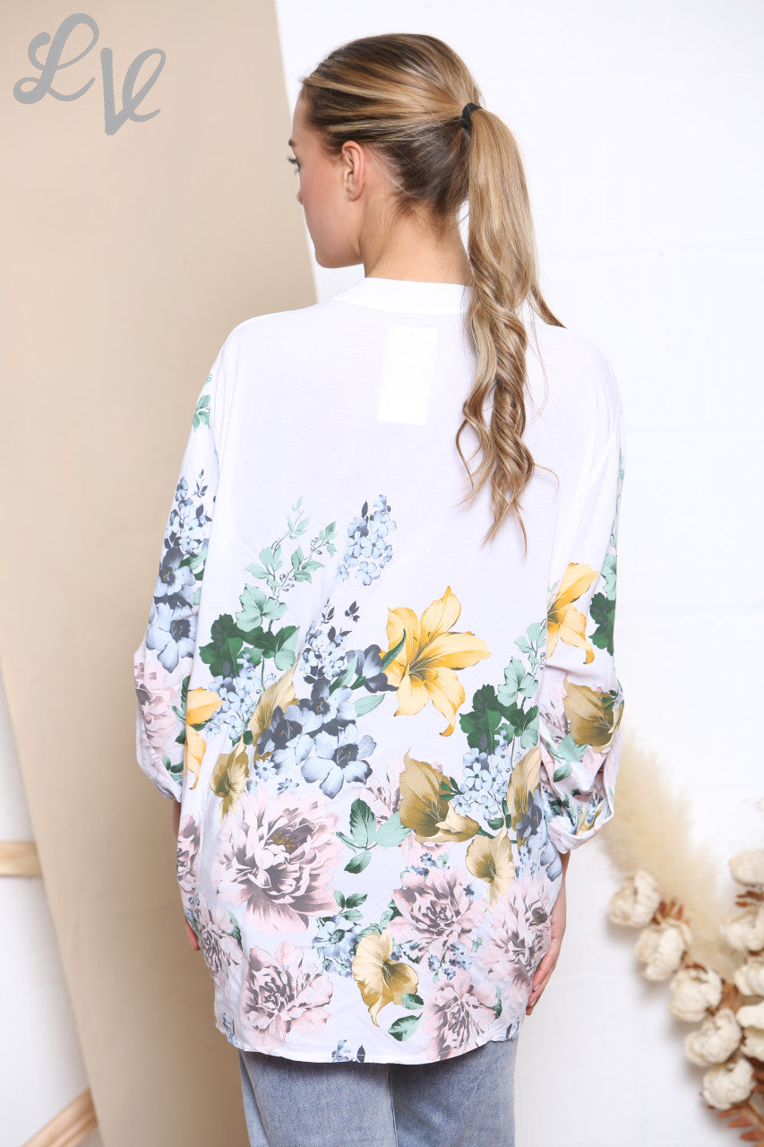 Ladies Tulip Flowers Print Blouse Top White