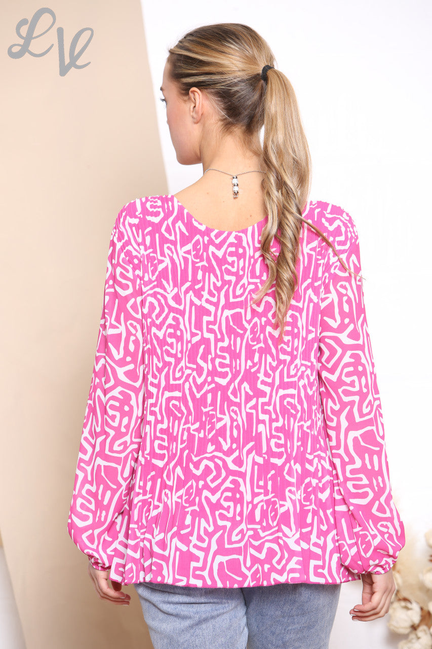 Ladies Scribble Print Pleated Blouse Top Cerise