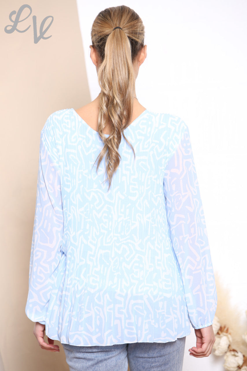 Dames geplooide blouse met krabbelprint hemelsblauw