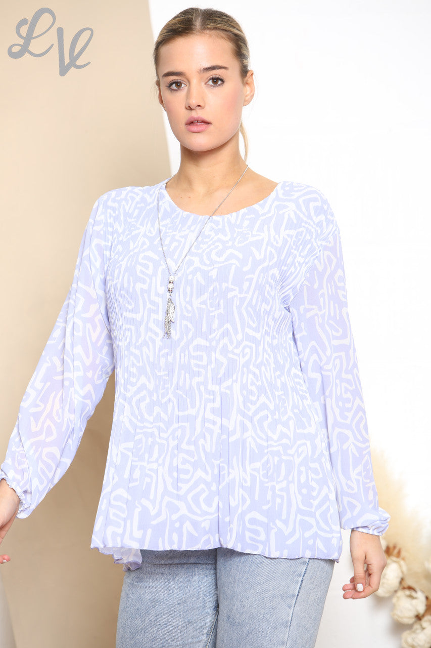 Ladies Scribble Print Pleated Blouse Top Lilac