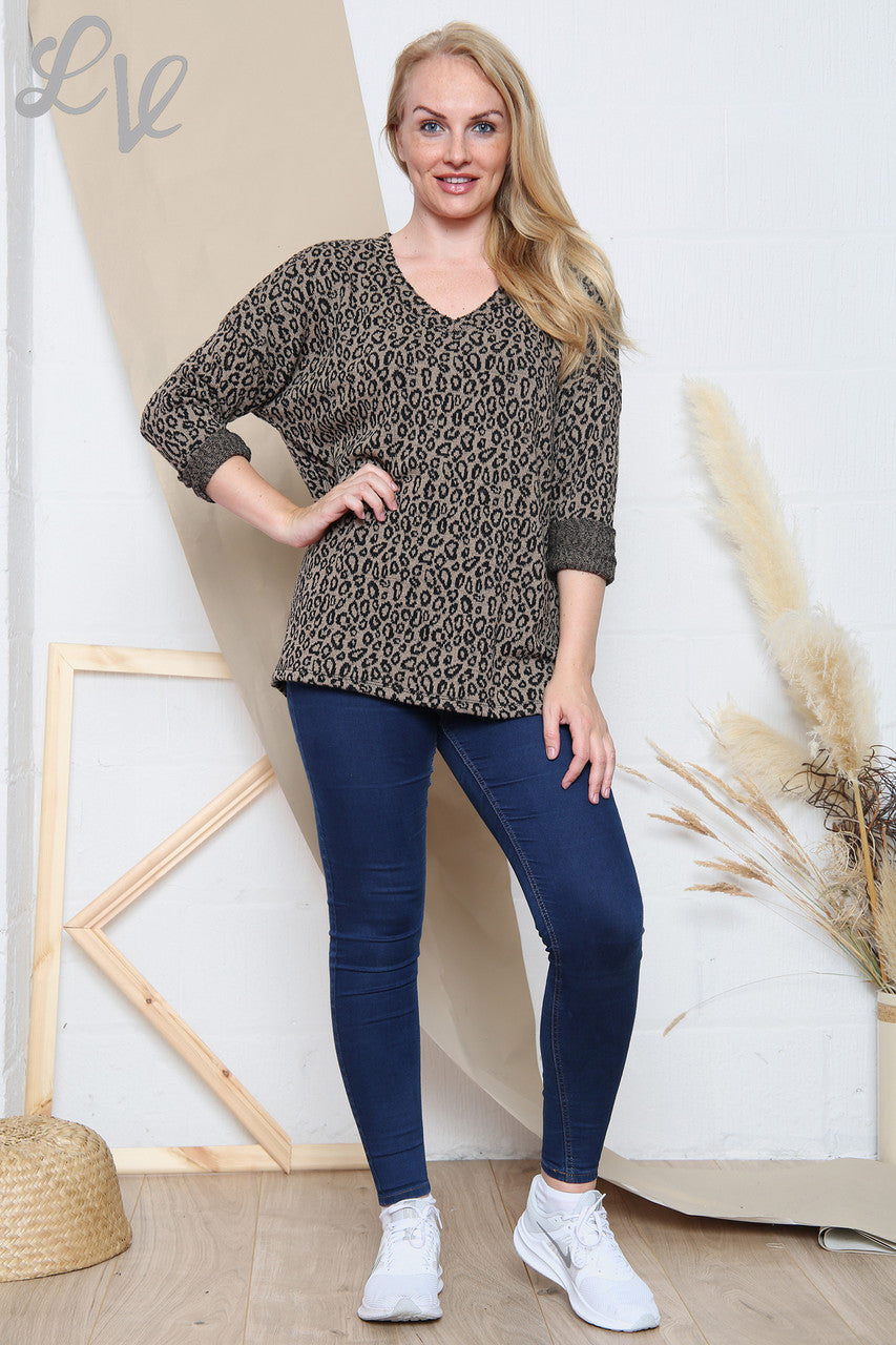Ladies Leopard Print Fine Knit V-Neck Top Taupe Unit Price £11.99