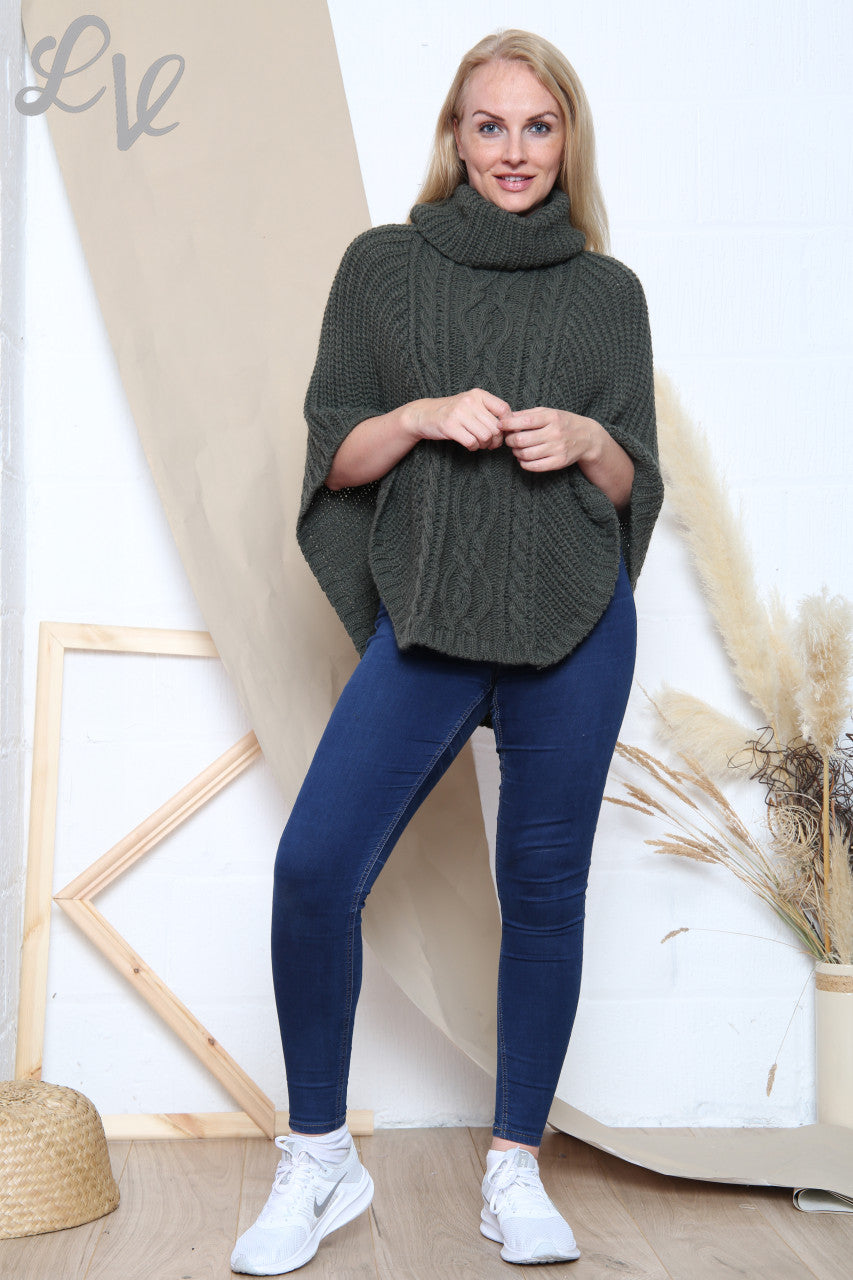 Dames kabelgebreide colponcho kaki