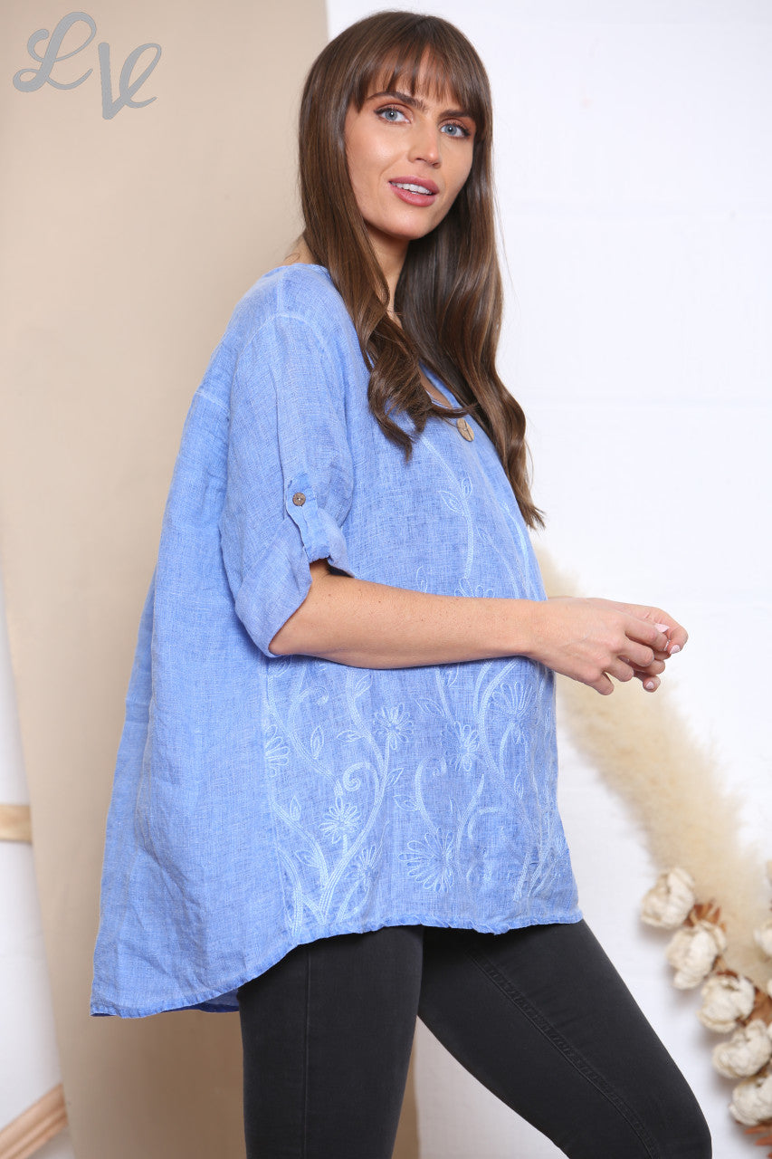 Dames Linnen Top met Bloemenborduursel en Print Blauw
