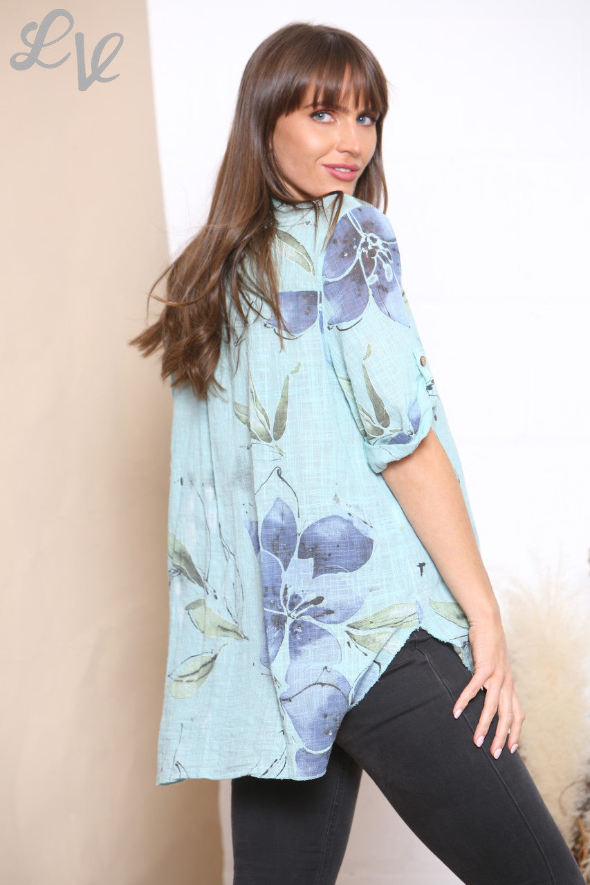 Ladies Floral Print Grandad Shirt Top Mint