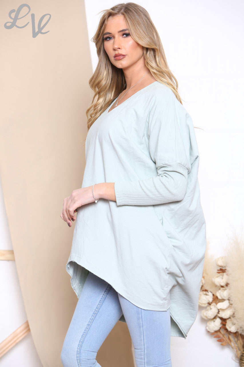 Ladies Contrast Knitted Sleeve Sweatshirt Top Mint