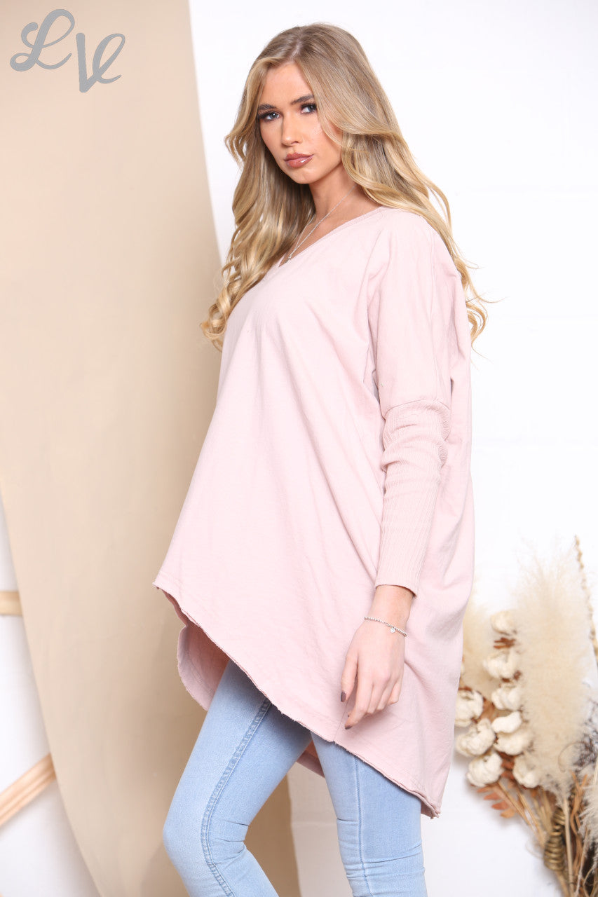 Ladies Contrast Knitted Sleeve Sweatshirt Top Dusty Pink