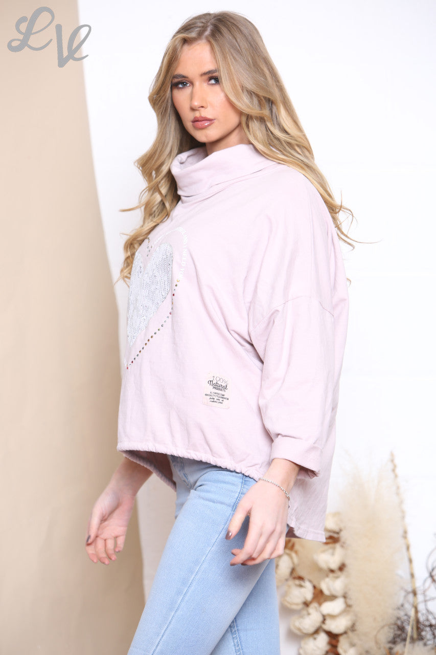 Ladies Script & Heart Graphic Sweatshirt Top Dusty Pink