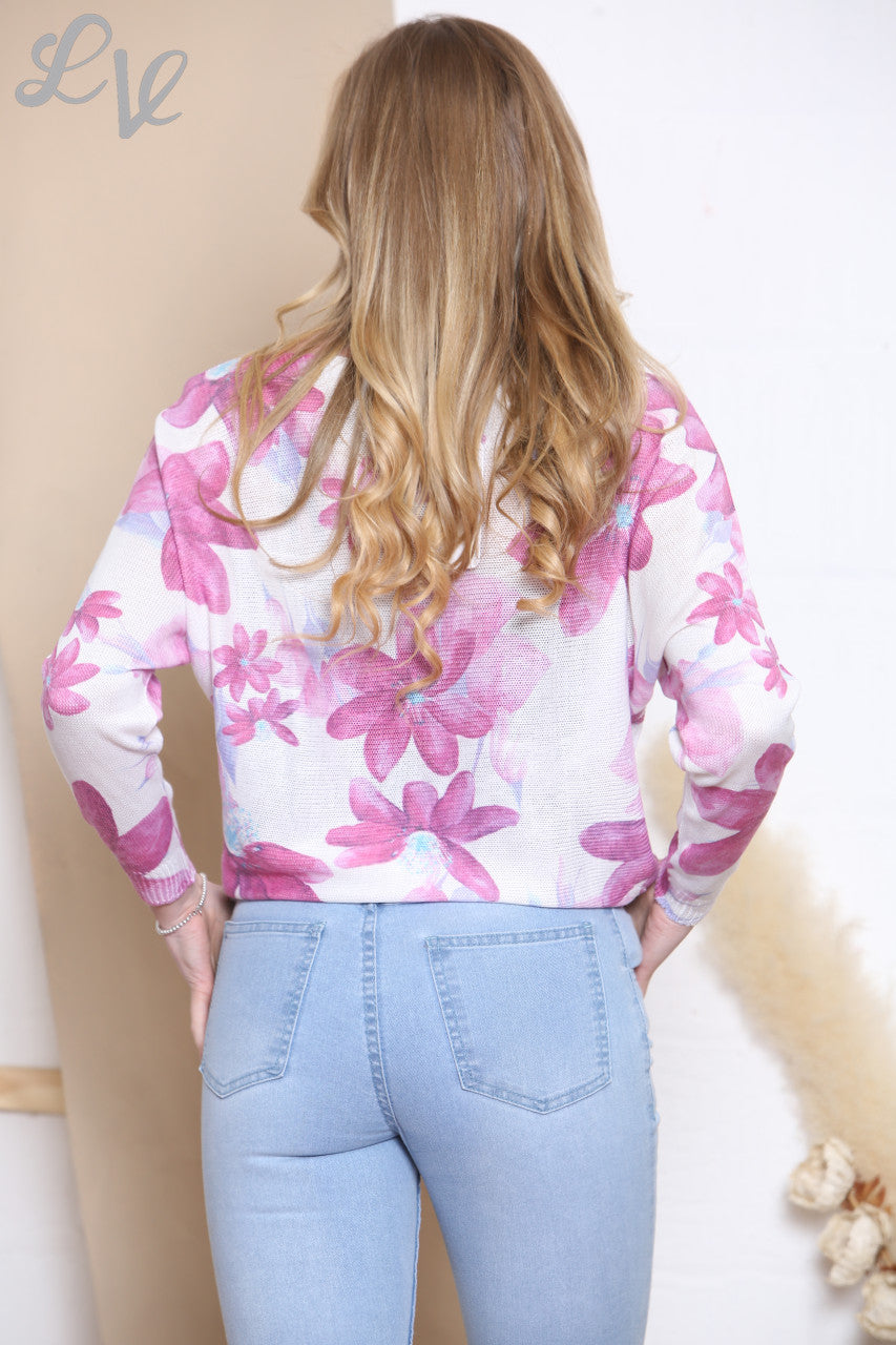 Dames fijngebreide trui met bloemenprint roze