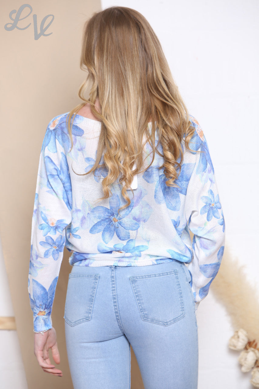 Ladies Floral Print Fine Knit Top Jumper Blue