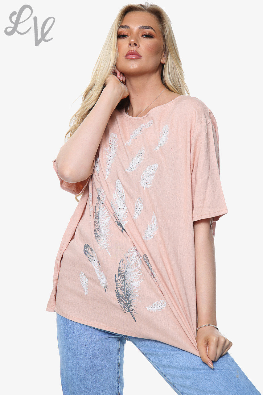 Ladies Feather Print Top Dusty Pink Unit Price £10.99