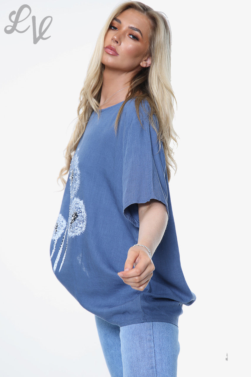 Dames top met paardenbloemmotief donker spijkerblauw per stuk € 8,99
