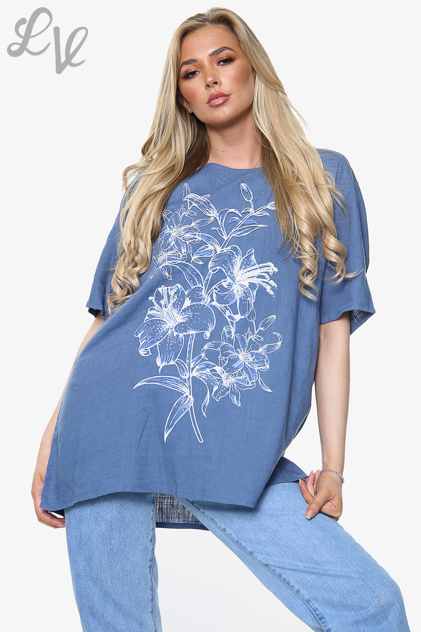 Dames Tulip Bloemenprint Top Denim Stukprijs €8,99