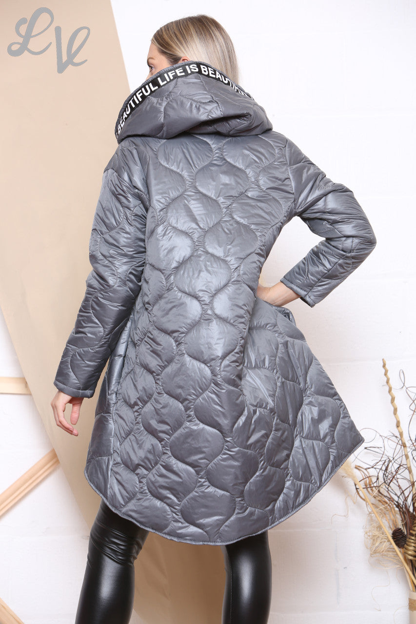Ladies 'Life is beautiful' Zipper Quilted Padded Coat With Hood Grey Unit Price £21.99