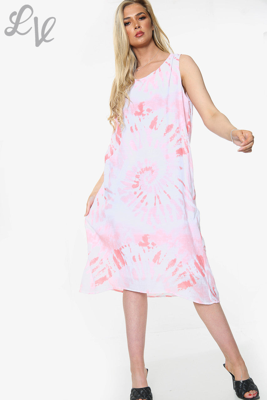 Dames Mouwloze Jurk Roze met Tie Dye Swirl Print Stukprijs € 10,99