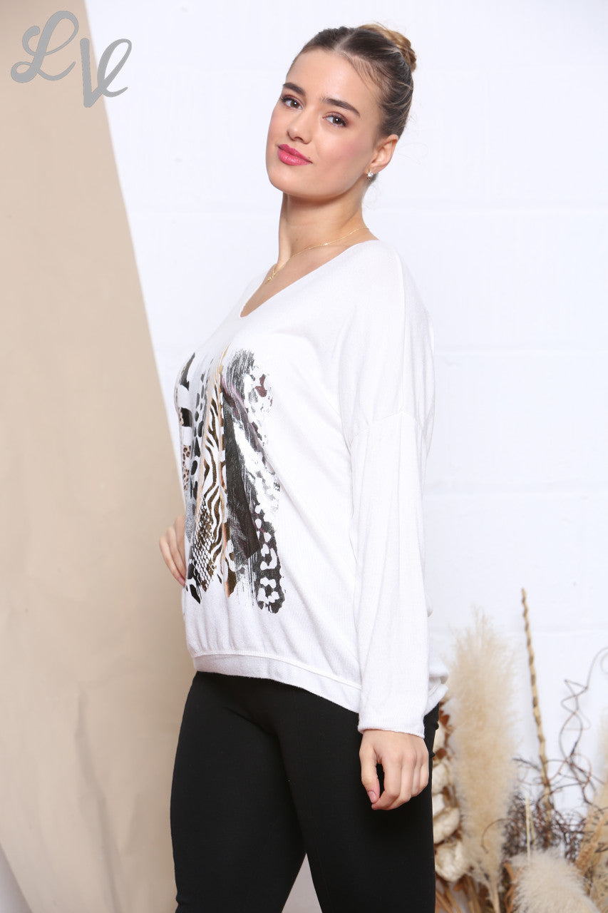 Ladies Knitted Foil Animal Mix Print Jumper White Unit Price £6.99