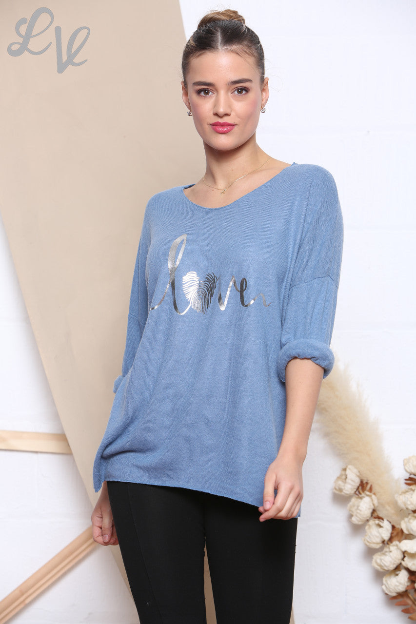 Dames gebreide trui met folieprint 'Love' Denim per stuk £ 7,99