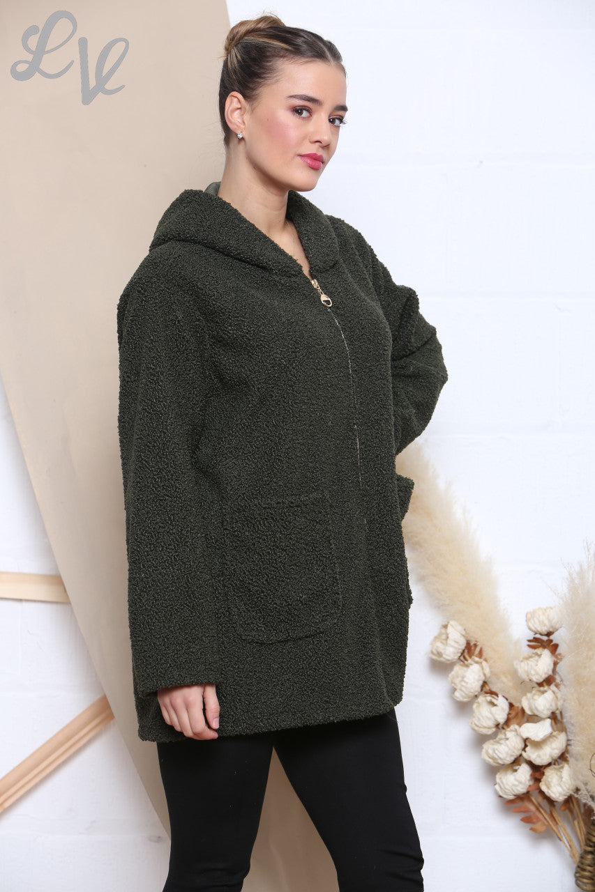 Dames Teddybeer Hoodie Met Rits Khaki
