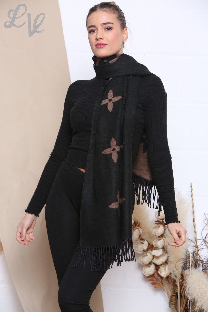 Ladies Diamond Flowers Print Scarf Black/Brown Unit Price WAS £8.99 NOW £4.99