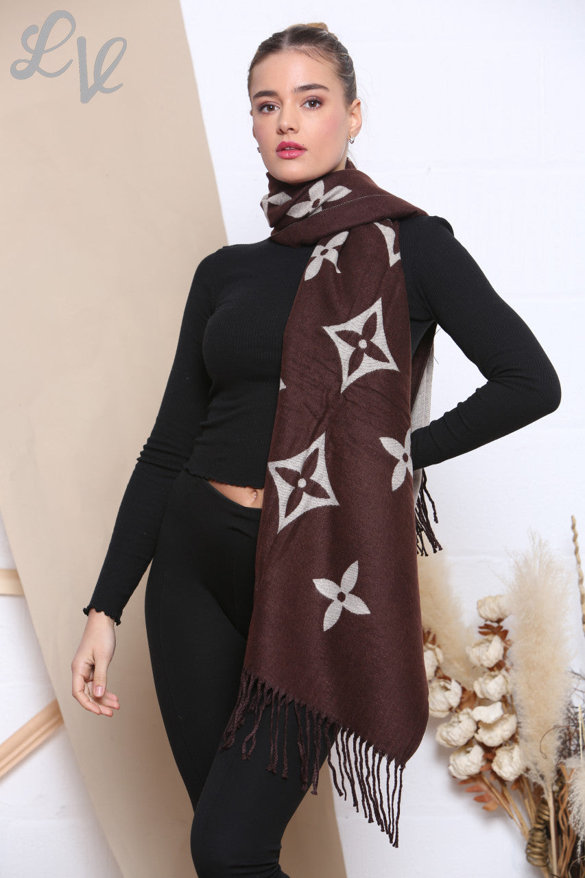 Ladies Diamond Flowers Print Scarf Stone/Brown Unit Price WAS £8.99 NOW £4.99