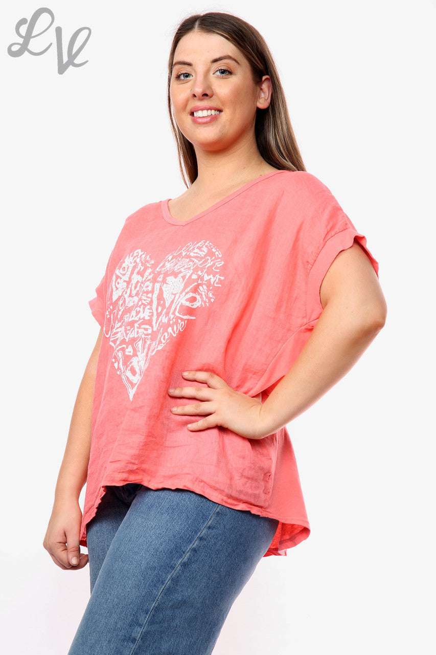 Ladies Heart Graffiti Top Coral Unit Price WAS £10.99 NOW £7.99