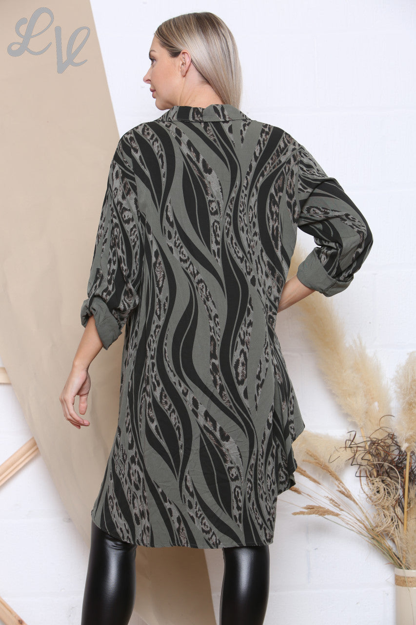 Dames Animal Print Longline Shirt Kaki Stukprijs € 12,99