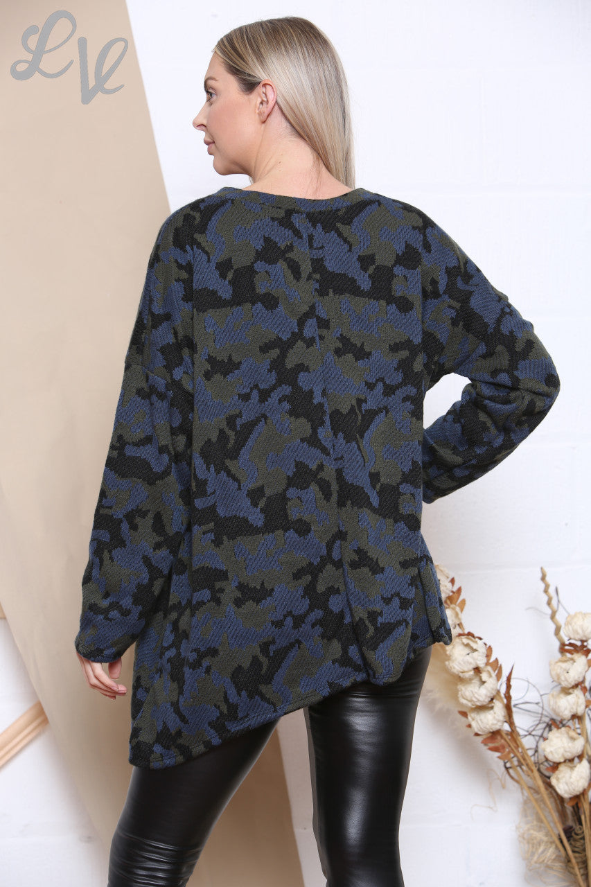 Ladies Camouflage Print Knitted Top Navy Unit Price WAS £9.99 NOW £4.99