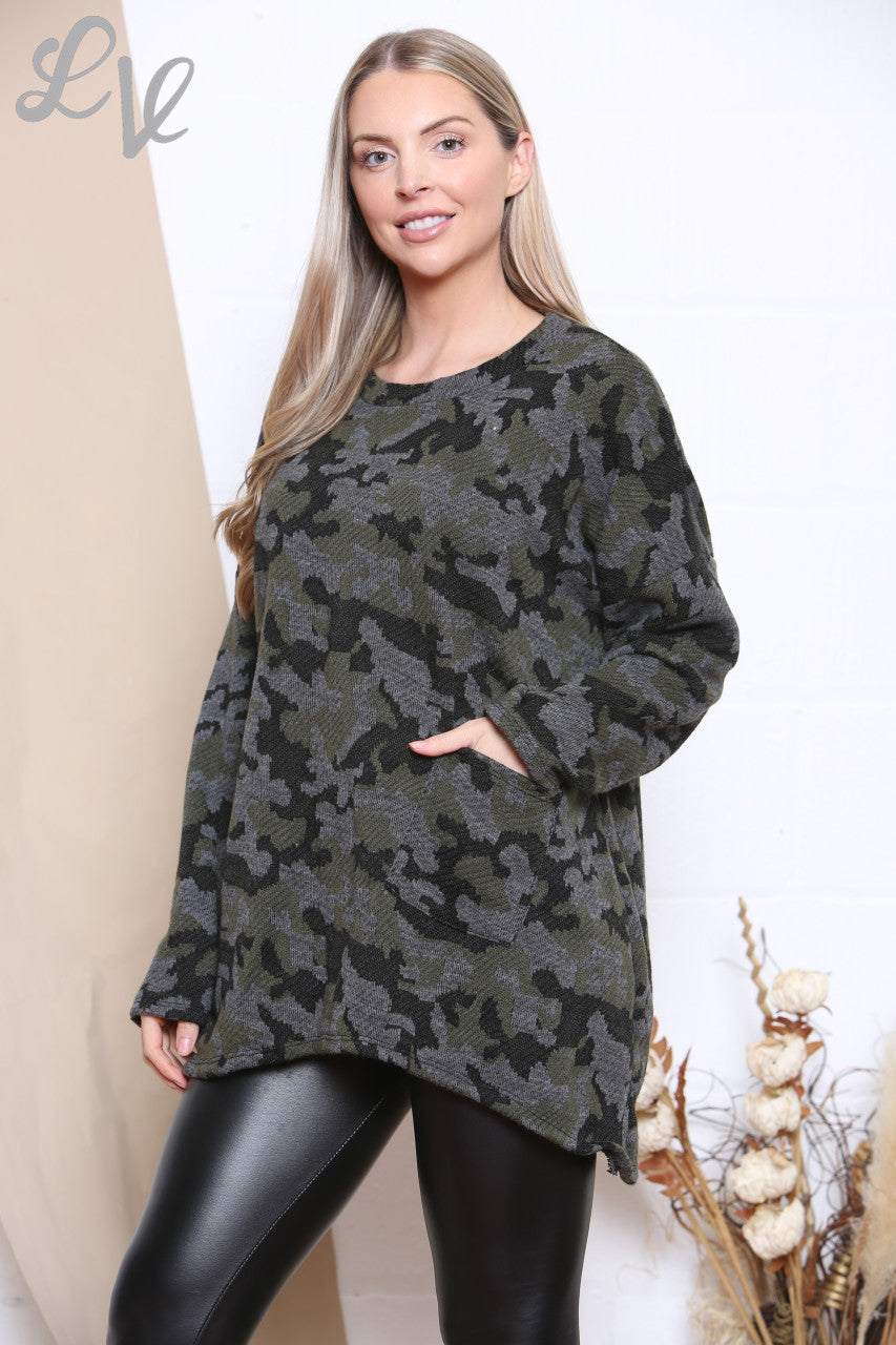 Ladies Camouflage Print Knitted Top Grey Unit Price WAS £9.99 NOW £4.99