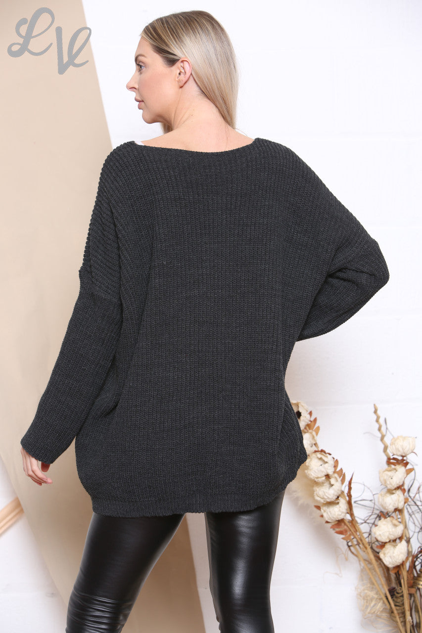 Ladies Knitted V Neck Jumper Charcoal Unit Price WAS £9.99 NOW £7.99