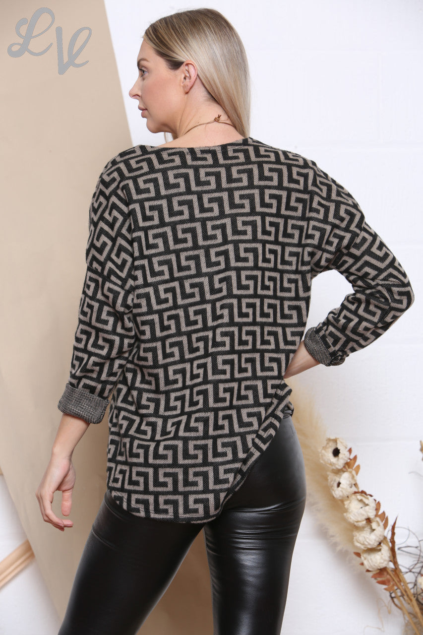 Ladies Geometric Print Top With Necklace Taupe Unit Price £8.99