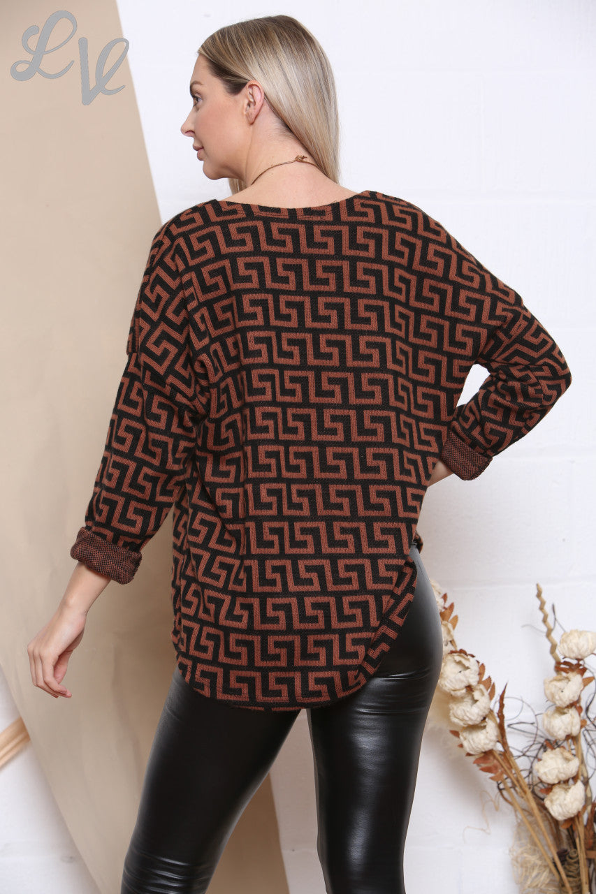 Ladies Geometric Print Top With Necklace Rust Unit Price £8.99