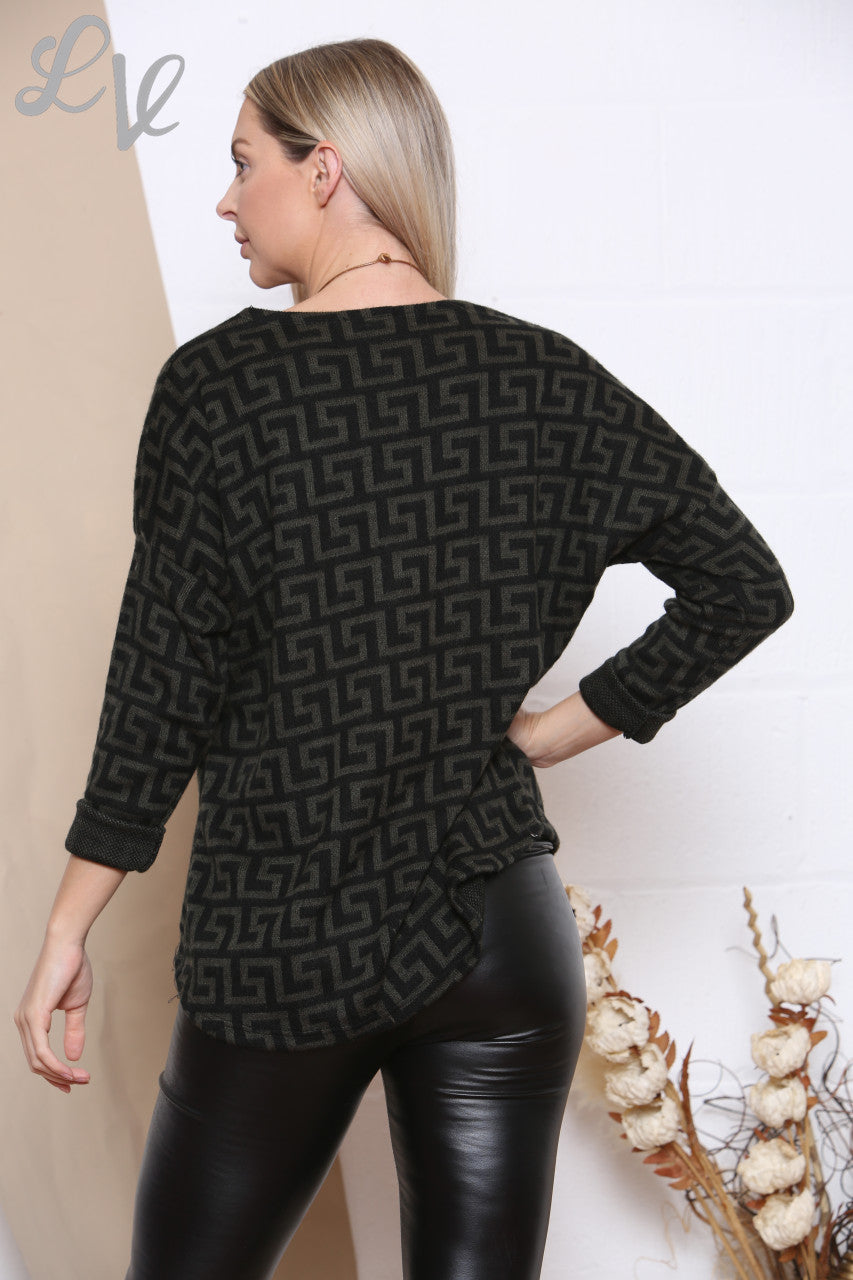 Dames Top met Geometrische Print en Ketting Kaki Stukprijs €8,99