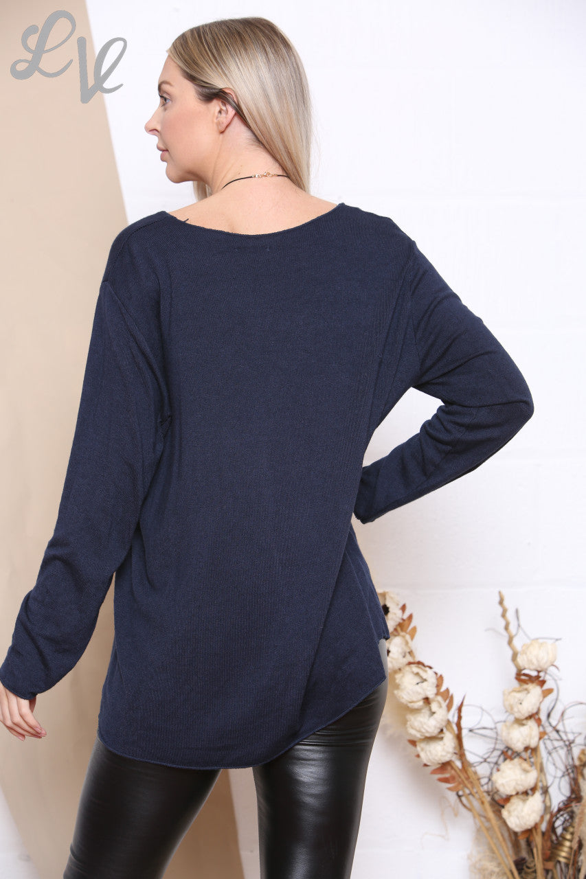 Dames Effen Fijne Gebreide Top Met Ketting Marine Per stuksprijs €8,99