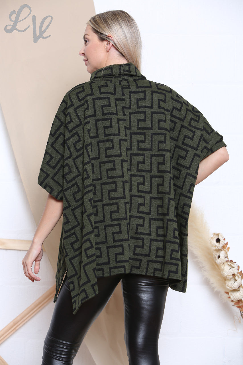 Ladies Geometric Print Cowl Neck Jumper Khaki