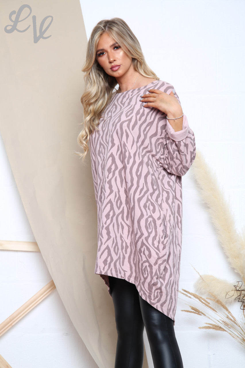 Ladies Zig Zag Print Tunic Top Dress Dusty Pink Unit Price £13.99