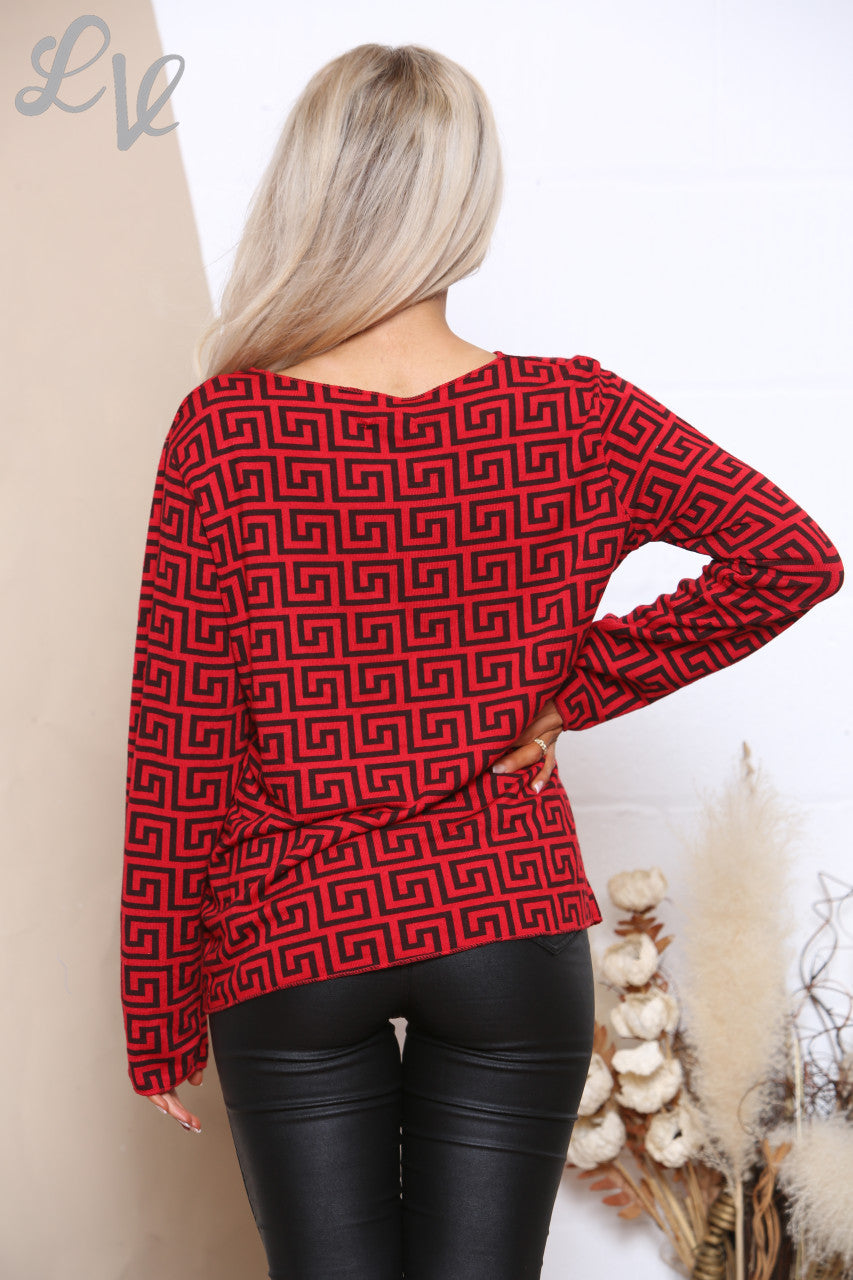 Dames top met geometrische print en lange mouwen rood Stukprijs €7,99