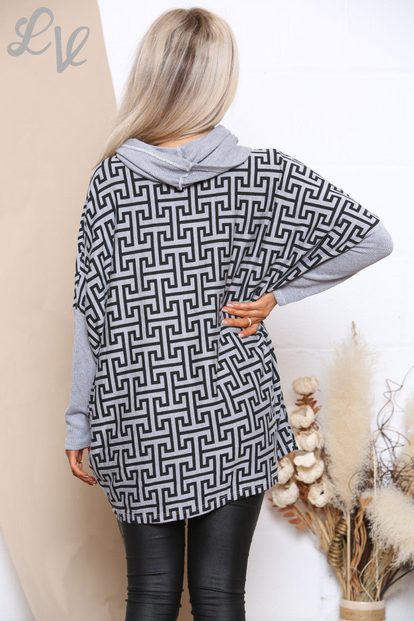 Ladies Geometric Print Roll Neck Top Grey Unit Price £8.99