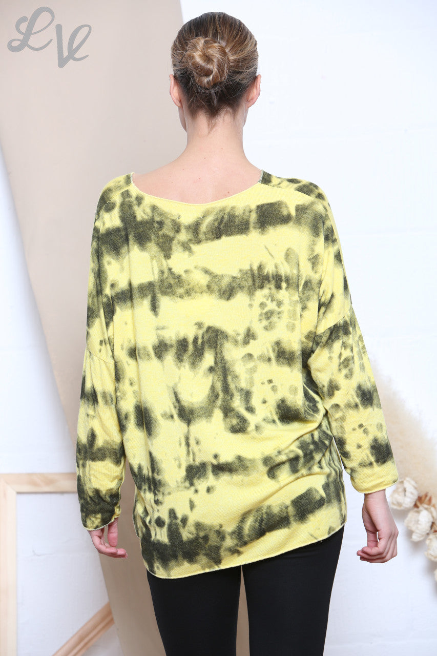 Ladies Tie Dye Print Fine Knit Jumper Top Lemon