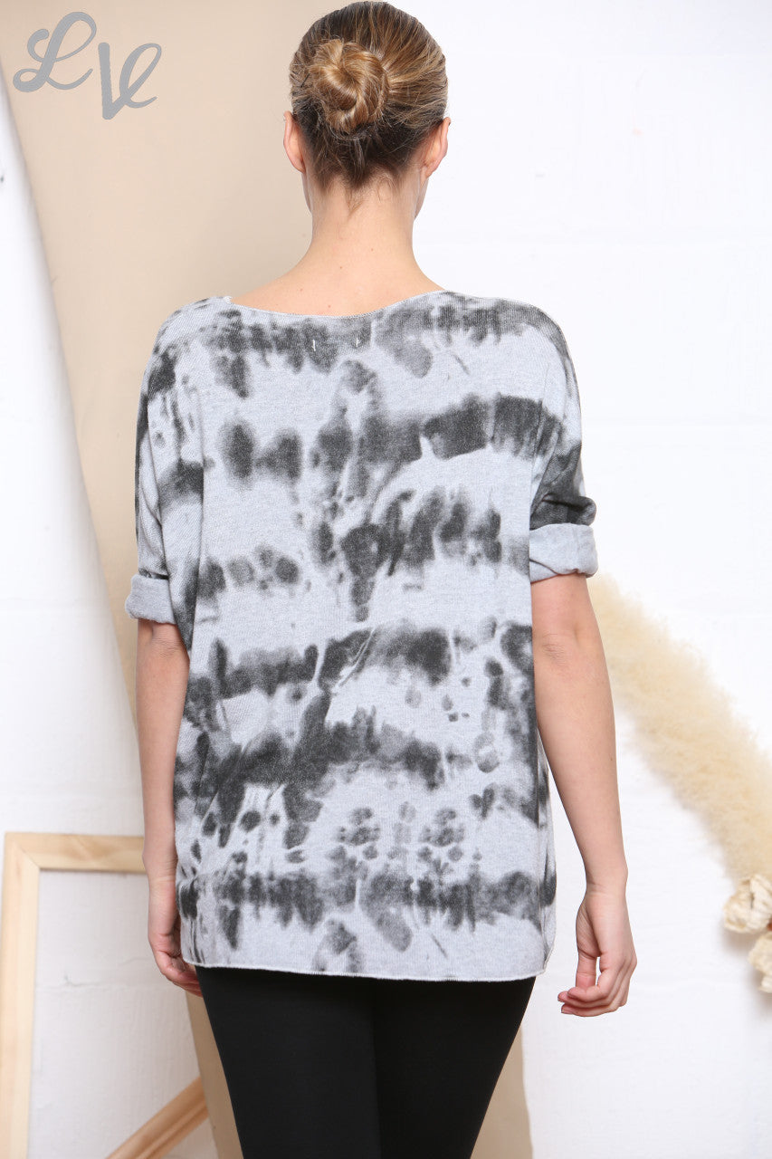 Ladies Tie Dye Print Fine Knit Jumper Top Grey