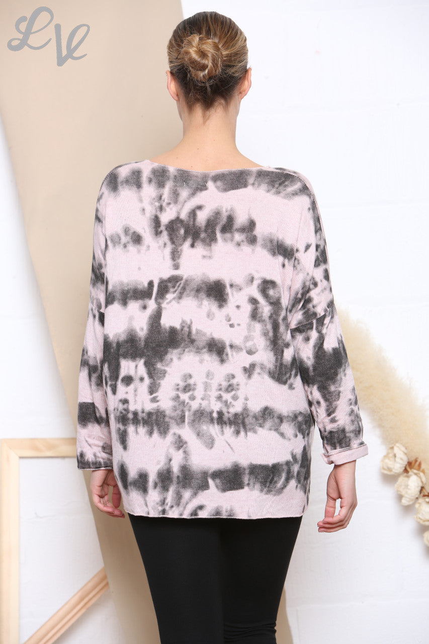 Ladies Tie Dye Print Fine Knit Jumper Top Dusty Pink