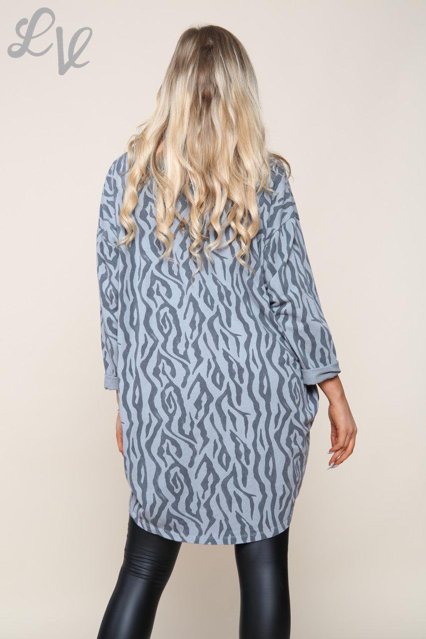 Ladies Zig Zag Print Tunic Top Dress Grey Unit Price £13.99