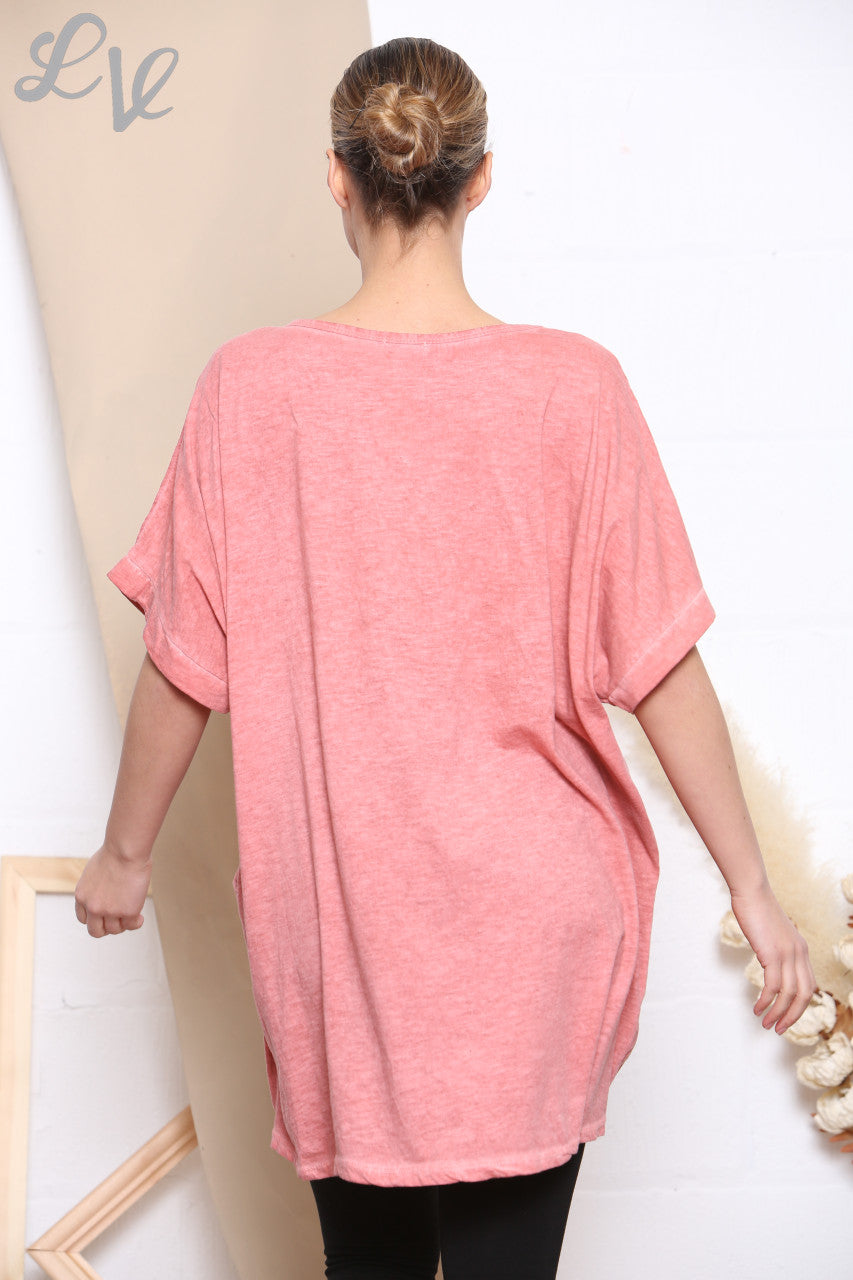 Ladies Foil Flower Print Pocket Front Top Coral