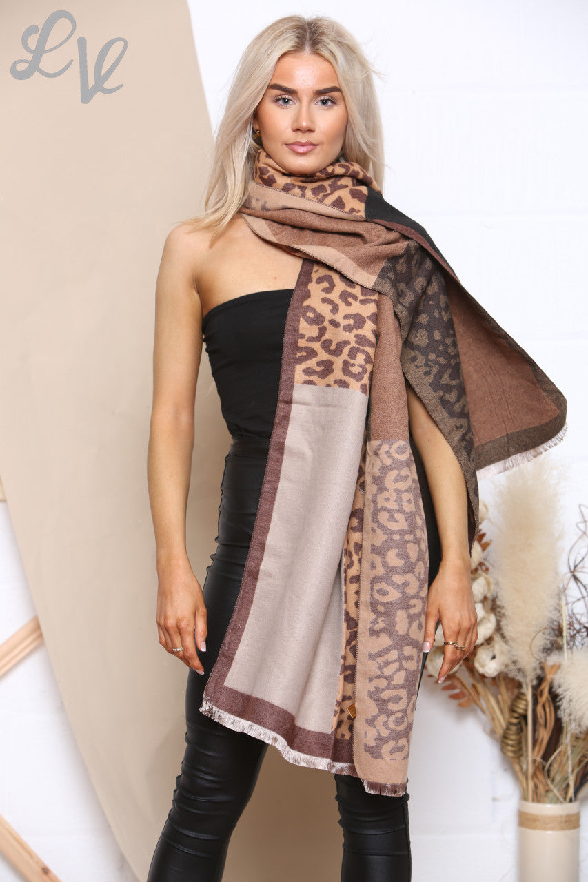 Ladies Block Leopard Print Scarf Brown Unit Price WAS £8.99 NOW £4.99